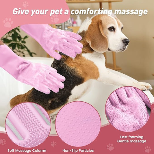 Pet Shower & Bath Supplies,Dog Shampoo Brush Set with Towel, Washing Gloves,Comb for Dogs and Cats (large pink)