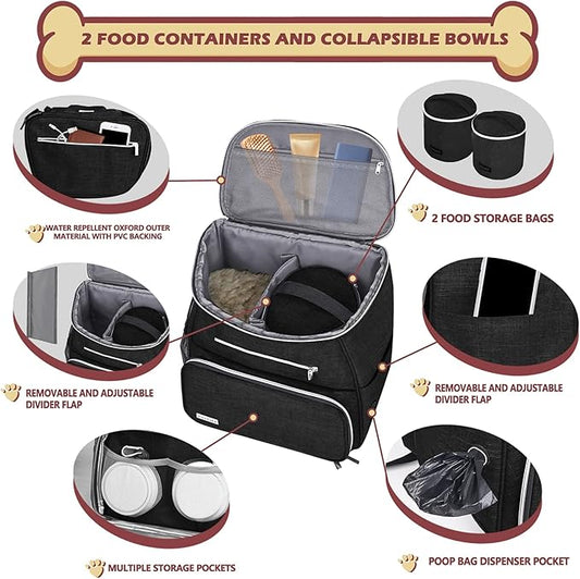 BAGLHER丨Dog Travel Bag Backpack, Airline Approved Pet Supplies Backpack, Dog Travel Bag with 2 Silicone Collapsible Bowls and 2 Food Baskets, Black