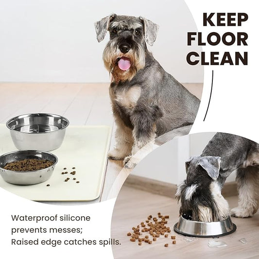 VIVAGLORY Dog Food Mat Flexmat Dog Bowl Mat, Placemat Food Tray with Raised Edges & Lip for Indoor Floor, Non Slip Waterproof Silicone Dish Placemat for Cat & Pet, L, Ivory