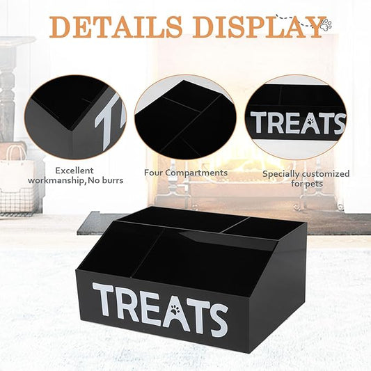 Dog Treat Organizer,4 Compartments Dog Treat Station, Trapezoid Dog Treat Container for Countertop, Cat Treat Storage Bin, Ideal for Dog Cat Bagged Snack or Can Food-Black