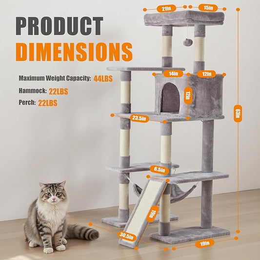 DUMOS Large 63in Cat Tree Tower, Multi Level Cat Climbing Tower with Condo, Natural Sisal Scratching Posts, Extended Platform, Hammock, Pet House for Indoor Cats and Kittens Play, Light Grey