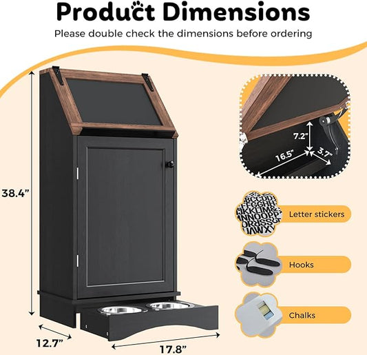 Dog Food Feeding Station with Storage, Pet Food Storage Cabinet with Bowls and Flip-Top Blackboard, Hidden Trash Can, Pet Organizer Cabinet for Dog and Cat, Black