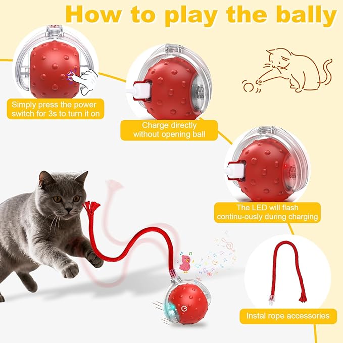 2-Pack Interactive Cat Toys Ball for indoor Cats&Dog,Automatic Cat Toy with Smart Obstacle Avoidance & Bird Chirps ,Includes 4 Cat Spiral Spring,Cat Enrichment Toys for Indoor Cats(Red&Yellow)