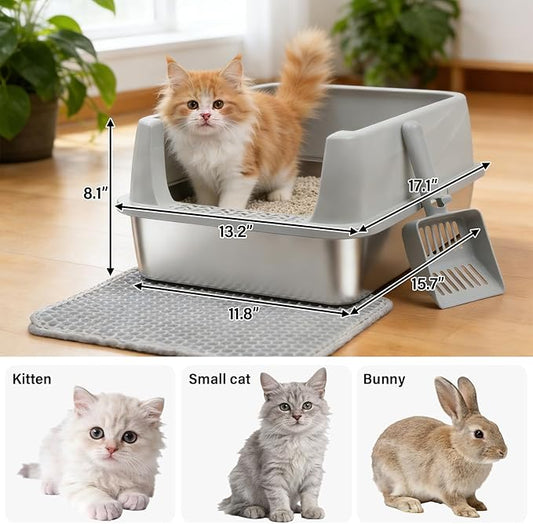 Stainless Steel Litter Box with Lid,Open Top Low Entry Litter Box, Metal Kitty Litter Box for Medium/Small Cats,Odor Control,Anti-Leakage, Non-Sticky, Includes Mat&Scoop,17.5x13.6x8in,