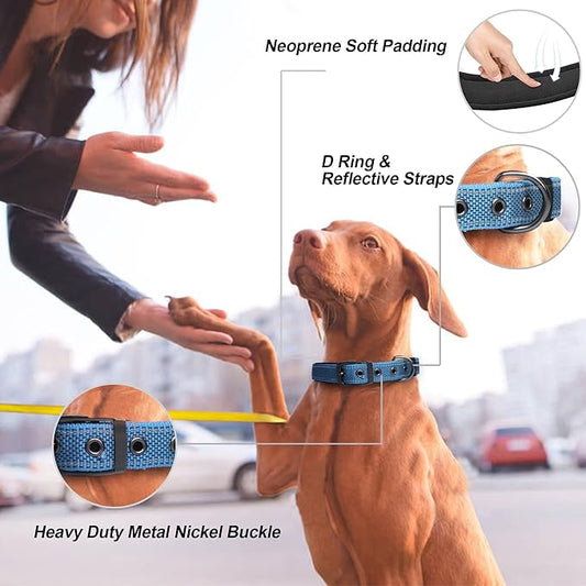 PetiFine Neoprene Padded Dog Collar, Heavy Duty Comfort Dog Collar with Durable Metal Buckle, Reflective Adjustable Belt Buckle Dog Collars for Small Medium Large Dogs(11”-14.5“, Blue)