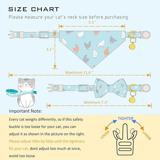 Faygarsle 2 Pack Chicken Pattern Cat Collar Set with Bandana and Bowtie, Light Blue, Breakaway Safety Clasp with Bell