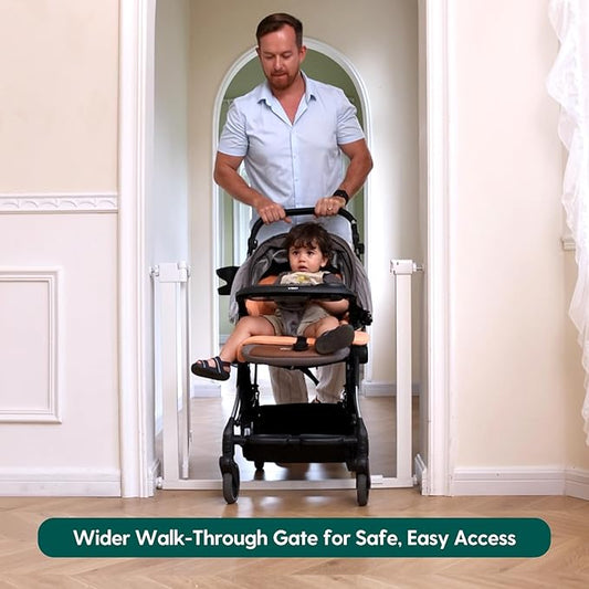 BABELIO Baby Gate for Doorways and Stairs, 36-41" Pet Gate with Wide Walk Thru Door and Lock Indicator, No Drill Pressure Mounted Safety Gate with Double Lock and Self-Closing, White