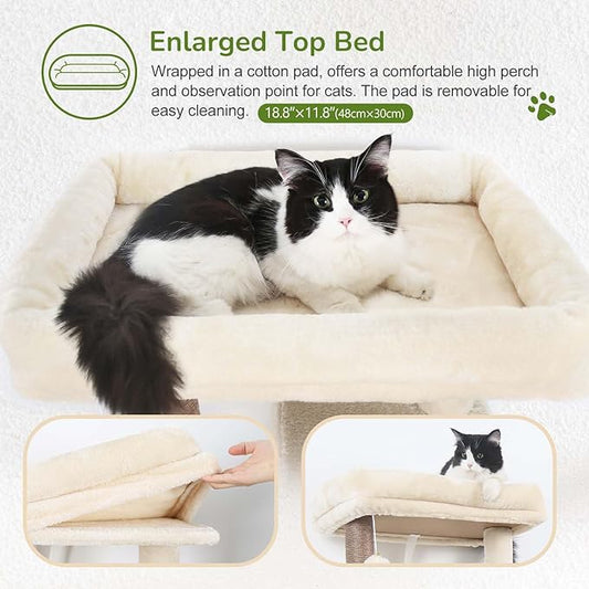 Globlazer Cat Tree Tower with Scratching Post for Indoor Cats, 53inch Tall Plush Multi-Level Cat Climbing Tower Condo House with Large Hammock, Spacious Cat Cave, Big Padded Top Perch Bed, F53, Beige