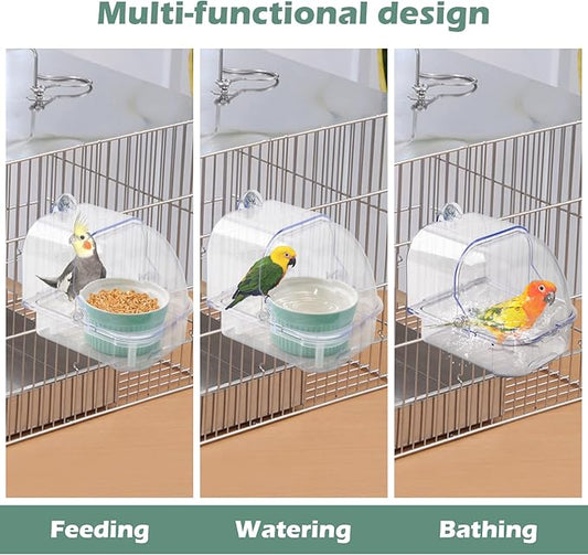 Bird Cage Feeder with Ceramic Bowl,2 in 1 No Mess Bird Feeder and Transparent Parakeet Bathtub with Bottom Drawer Hanging Tube Shower Box for Birds Budgies Parakeet Small Parrot Cockatiels