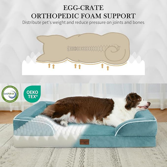 Comfort Expression Orthopedic Dog Bed for Large Dogs 38x25 Inch, Waterproof Supportive Egg Crate Foam Large Pet Bed with Removable Bolster, Dog Couch with Washable Cover & Non-Slip Bottom, Washed Blue