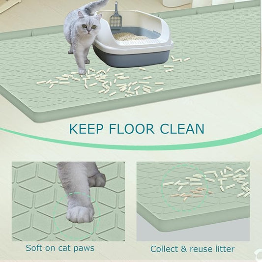 Cat Litter Mat, Silicone Large Cat Mat for Litter Box - 40x28 in, Waterproof & Non-Slip, Durable & Easy Clean, Green