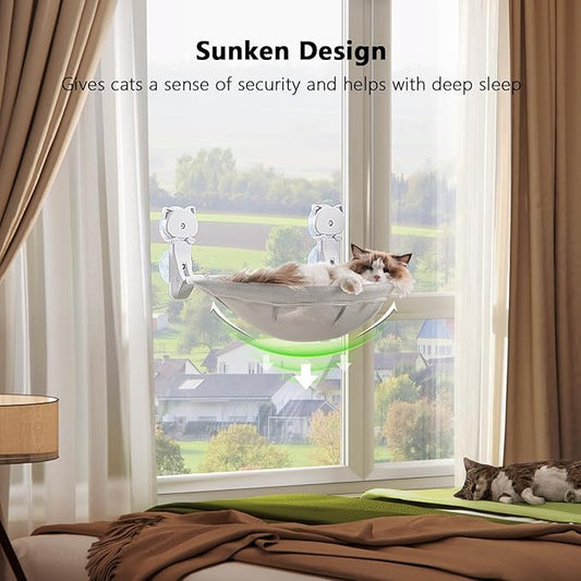 Cat Window Perch Cordless, Glow in The Dark & Stable Cat Beds- Breathable Window Hammock for Overlooking, Sunbathing and Climbing - Maximum Hold Up to 40lb(Light Grey)