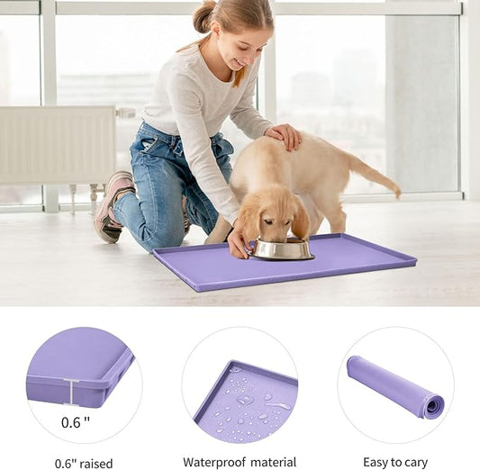 Dog Food Mat,Silicone Waterproof Food Tray,Non Slip Pet Bowl Mats Placemat,0.6" Raised Edge,Suitable for Most Small and Medium Sized Pets,18.5" x 11.5"