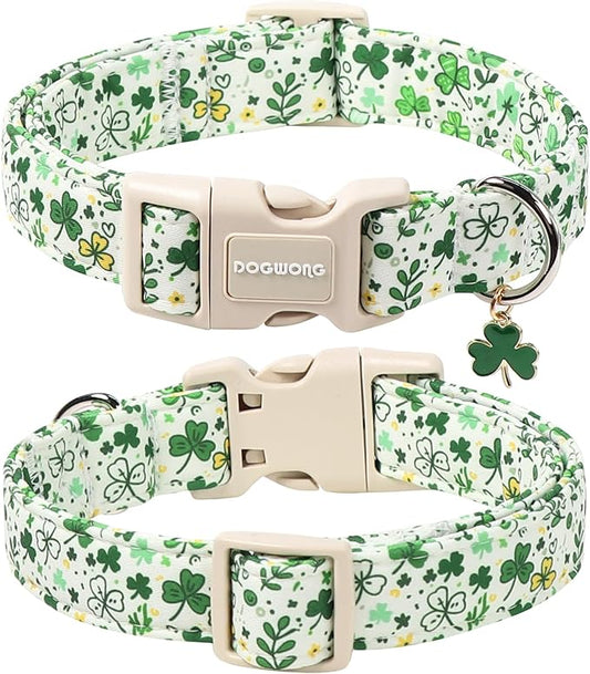 DOGWONG St Patrick's Dog Collar, Green Clover Pet Collar Cotton Holiday Pet Collar Cute Puppy Collar Adjustable Pet Dog Collars for Large Dogs,XL