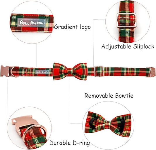 Dog Collar - Christmas Red Plaid Dog Collars Bowtie Gift Puppy Cute Soft Collar with Bow Adjustable Metal Buckle Pet Collar for Small Dogs