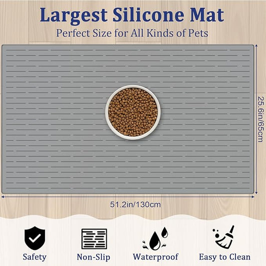 XXXXL Largest Pet Food Mat, 51.2"x25.6"(130cmx65cm) Silicone Dog Mats for Food and Water, Nonslip Pet Feeding Mats for Floors,Dog Cat Bowl Mat with Raised Edges, Black