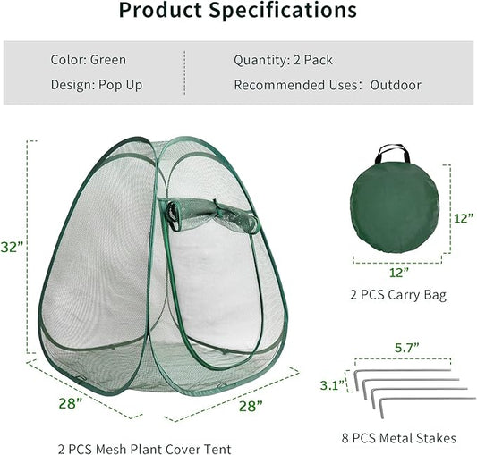 2PCS Mesh Plant Protector Tent from Animals, 28X28X32Inch Pop Up Garden Netting Cover Large Green Crop Cage Plant Protection Tent to Protect Outdoor Potted Plants Flowers Fruits from Deer Birds Cat