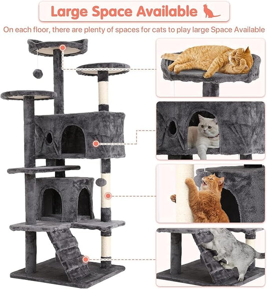 54in Cat Tree Cat Climbing Tower with Scratching Post, Cats House Perch Kitten Tree Condo Wood Playhouse, Pet Trees Tower for Indoor Cats, ASHY