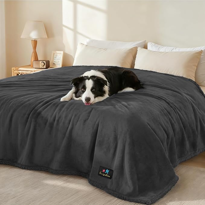 Luciphia Waterproof Pet Blankets, Liquid Pee Proof Dog Blanket for Sofa Bed Couch, Reversible Sherpa Fleece Furniture Protector Cover for Small Medium Large Dogs Cats, Black King Size(100" x 85")