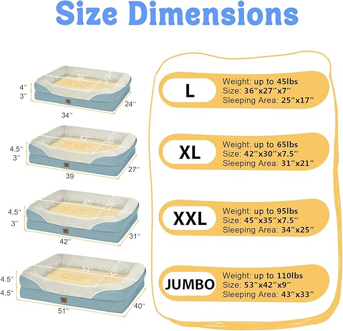 Washable Orthopedic Large Dog Bed - Dog Beds Large Sized Dogs with Removable Cover Waterproof Orthopedic XL Pet Bed with Bolster