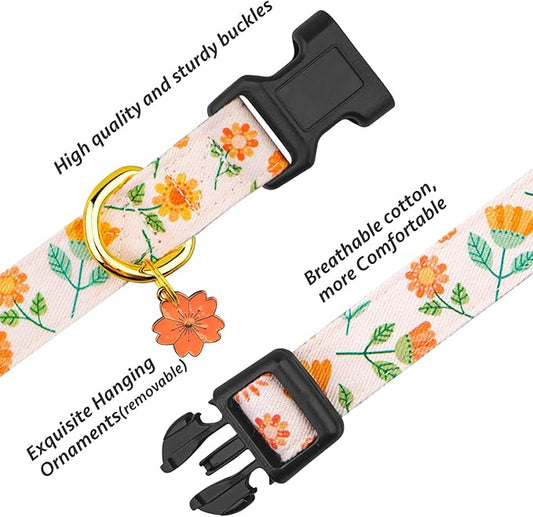 Cotton Handmade Dog Collar Cute and Distinctive Patterns Pink Sunflower with Pendant for Girl Boy Dogs Collars L