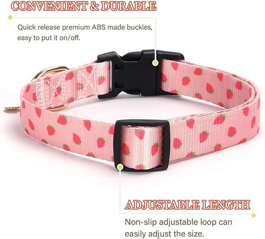 Pink Strawberry Pattern Dog Collar with Buckle Adjustable Safety Nylon Collars for Small Medium Large Dogs, Cute Stylish Girl Boy Christmas Dog Collar(Pink Strawberry,S)