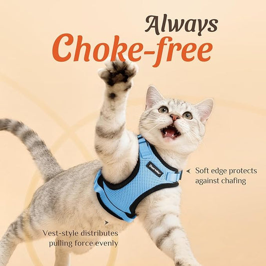 Dooradar Cat Harness and Leash Set, Escape Proof Safe Adjustable Kitten Vest Harnesses for Walking, Easy Control Soft Breathable Mesh Jacket with Reflective Strips for Cats,Light Blue, XS