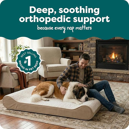 Furhaven Orthopedic Dog Bed for Extra Large Dogs w/ Removable Washable Cover, For Dogs Up to 180 lbs - Ultra Plush Faux Fur & Suede Luxe Lounger Contour Mattress - Cream, Giant/XXXL