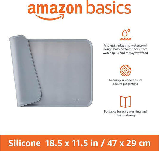 Amazon Basics Waterproof Non-Slip Silicone Pet Feeding Mat with Raised Edges, Prevents Spills, Easy to Clean, Protects Floors for Cat & Dog Food and Water Bowls, 18.5 x 11.5 Inches, Gray