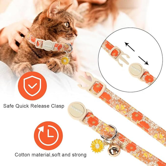 2 Pack Flower Cat Collars Breakaway with Bell, DOGWONG Safety Buckle Rose Floral Cute Cat Collar for Girl Boy Cats,Adjustable 7-12 Inch