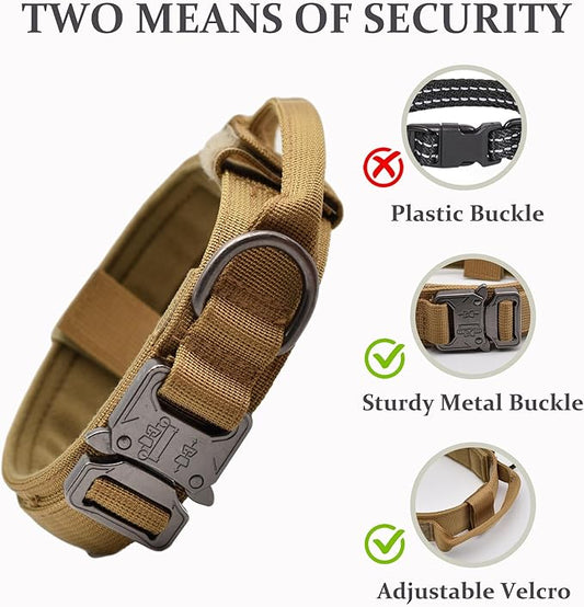 Tactical Dog Collar Set, Adjustable Military Training Nylon Dog Collar with Control Handle and Heavy Quick-Release Metal Buckle for Small Medium Large Dogs, Brown Set XL