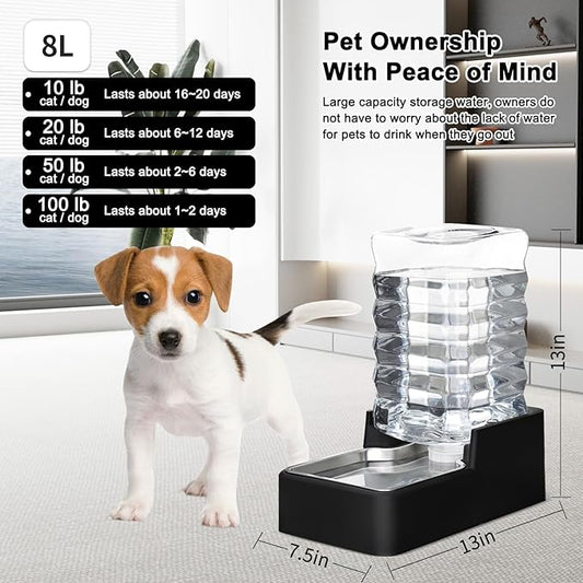 RIZZARI Stainless Steel Pet Water Feeder: 8L Gravity Leak-Proof Auto Refill Water Dispenser -Space-Saving- Anti-Tip Non-Slip Base -No Filter- Easy Clean - for 20-35 LB Dogs - Apartment/Home/Office
