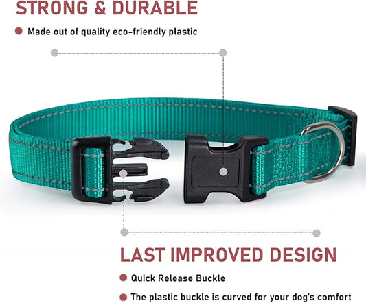 Reflective Dog Collar with Buckle Adjustable Safety Nylon Collars for Small Medium Large Dogs, Green M