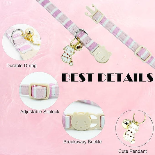 Elegant little tail 2 Pack Cat Collar-Pink Strip Cotton Breakaway Cat Collars with Bell Pendant Kitten for Girl Safety Adjustable Collar for Small Cats Puppy