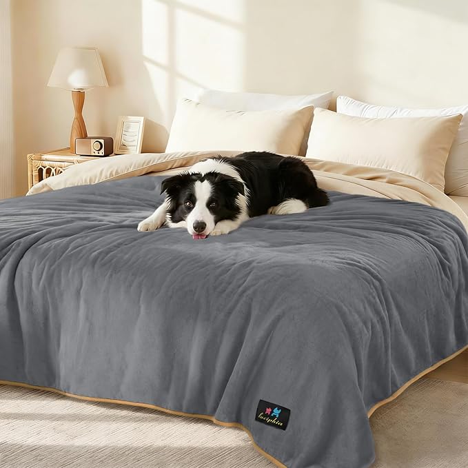 Luciphia Waterproof Pet Blanket, Liquid Pee Proof Dog Blanket for Sofa Bed Couch, Reversible Sherpa Fleece Furniture Protector Cover for Small Medium Large Dogs Cats, Grey+Beige X-Large(85" x 57")