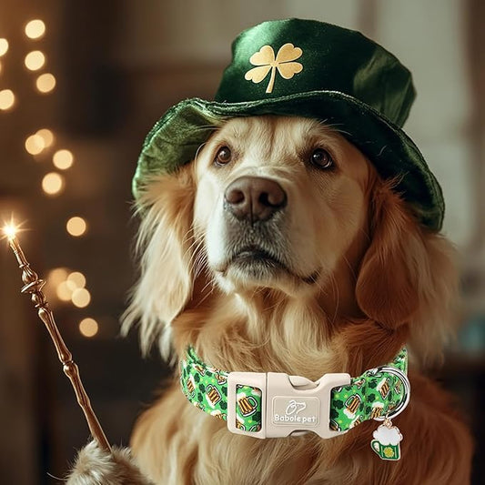 St Patricks Day Dog Collar for Small Dogs - Green Beer Shamrock Dog Collars for Boys&Girls Dogs, Adjustable Irish Clover Puppy Collar with Quick Release Buckle XS
