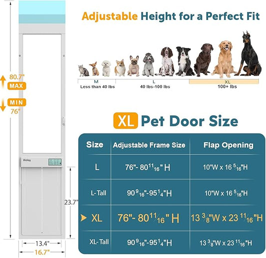 Automatic Sliding Glass Dog Door with Collar Sensor,X-Large Electric Doggy Door for Sliding Glass Doors, Adjustable 76" to 80-11/16" Slider Height, Anti-Pinch, Fits XLarge Dogs Up to 220 Lbs (XL)