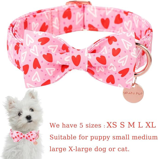 Valentine’s Day Dog Collar with Bow Tie, Red Heart Bowtie Collar with Metal Buckle, Valentine’s Day Gift Pet Collar for Puppy Girl Boy Dog or Cat, Wedding Dog Collar, XS, Neck 8-12in