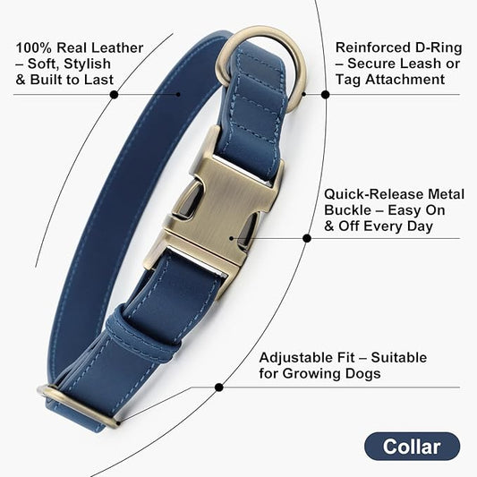 Plutus Pet Genuine Leather Dog Collar – Adjustable Pet Collar with Quick Release Metal Buckle, Soft Real Leather for Small Medium Large Dogs, Heavy Duty & Skin-Friendly (Royal Blue, M)