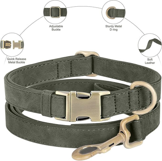 Genuine Leather Dog Collar - Adjustable Pet Collar with Quick Release Metal Buckle, Soft Skin Friendly Real Leather Collar for Small, Medium, Large Dogs (Dark Green, L:Fit 15-23" Neck)