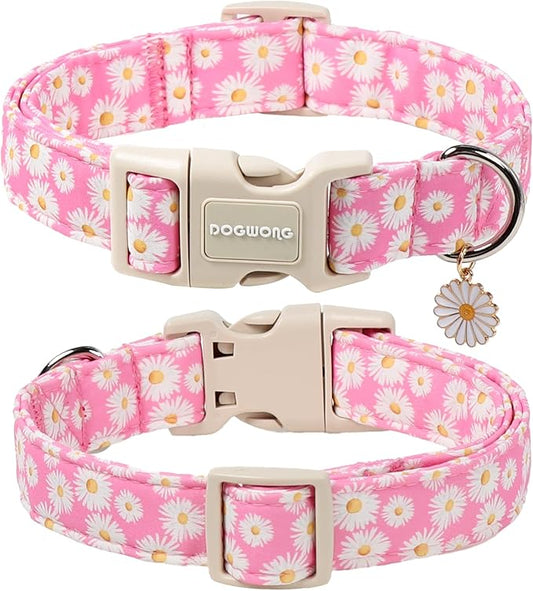 DOGWONG Flower Dog Collar-Daisy Flower Print Girl Dog Collar for Large Cute Dog Collars Spring Female Pet Gift Adjustable Heavy-Duty Soft Collar,XL