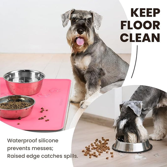 VIVAGLORY Dog Food Mat Flexmat Dog Bowl Mat, Placemat Food Tray with Raised Edges & Lip for Indoor Floor, Non Slip Waterproof Silicone Dish Placemat for Cat & Pet, S, Pink