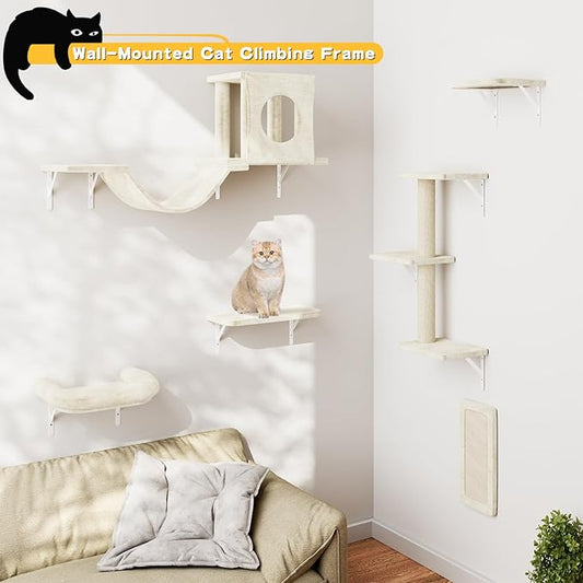 NUNU LAB Wall Mounted Cat Furniture Set - 6 Pcs Climber Set with House, Bridge, Steps, Scratcher Board - DIY Walls Playground, Indoor Cat Shelves - White
