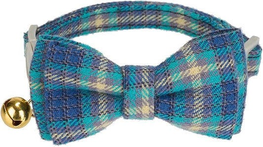 2 Pack Cotton Cat Collar, Removable Bowtie, Plaid Pattern, Safety Breakaway Clasp, Adjustable for Cats.(Adult Cat, Blue and Brown)