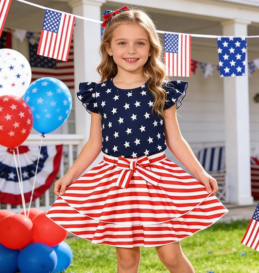 Girls Skirt Set 2 Piece Outfit Toddler Summer Clothes Ruffle Sleeve T-Shirt Bow Knot Tutu Skirt Outfit Set
