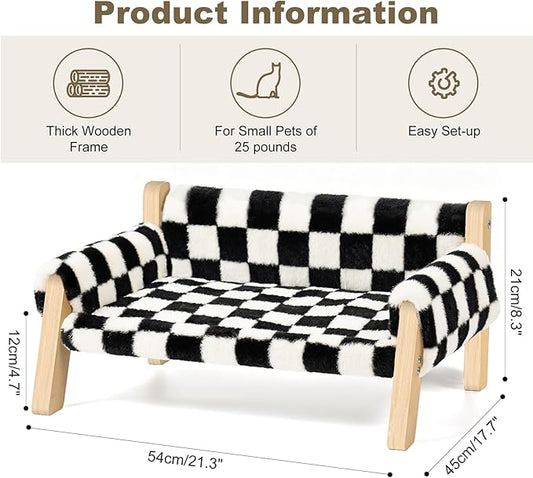 Elevated Cat Couch Bed for Indoor Cats - Wooden Pet Sofa with Removable Washable Thick Cover Raised Kitty Lounge Chair Suitable for Puppy or Small Animals(Cat Sofa Chessboard)