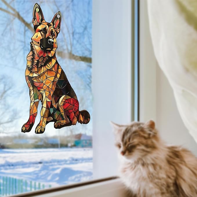 German Shepherd Window Hanging Decor Suncatcher Dog ,Stain Acrylic Window Ornament Animal Memorial Gifts Handcrafted Sun Catchers Decor for Indoor Outdoor Garden (German Shepherds)