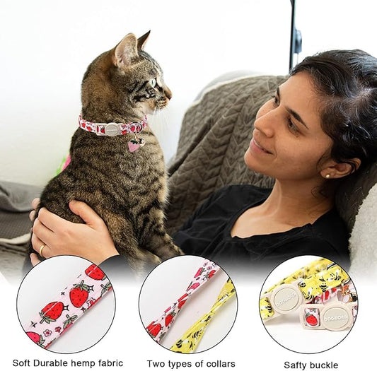 2 Pack Bee Cat Collars Breakaway with Bell, DOGWONG Safety Buckle Cute Strawberry Cat Collar for Girl Boy Cats,Adjustable 7-12 Inch