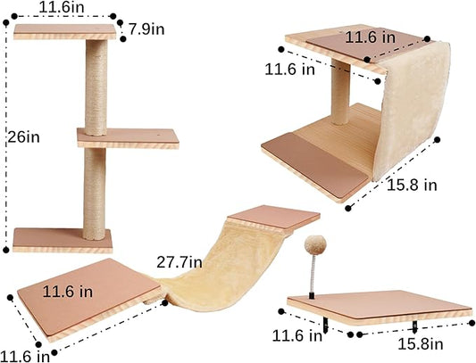 Cat Shelves for Wall,Solid Wood Cat Wall Furniture with Scratching Post,Hammock,Jumping Boards,Steps,Condo and Felt Pads, Suit for Cats Climb, Jump, Nap, Scratch-Beige