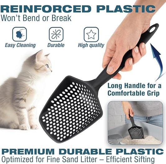 Set of 1 Cat Litter Scoop with Small Holes, Deep Sifting Shovel for Fine Litter, Reptile Terrarium Sand & Rabbit Pooper Lifter, Hanging Handle Poop Scooper (Black, Set of 1)